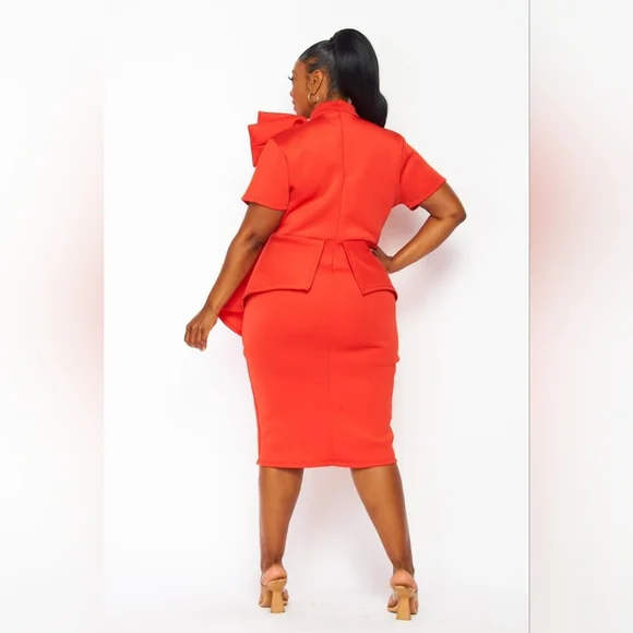 Illord Peplum Red Orange Dress With Bow Accent - Picture 2 of 2